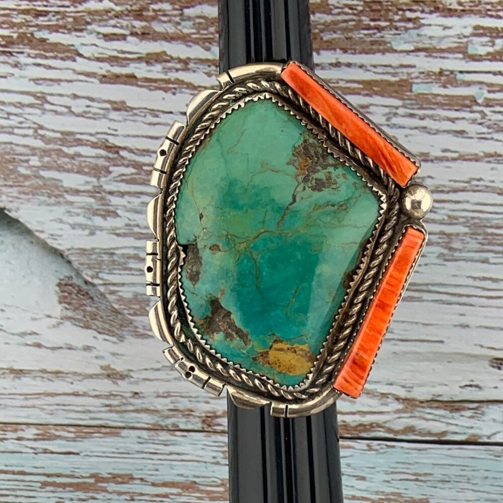 Huge Turquoise & Spiny Oyster Sterling Silver Navajo Native American Vtg Ring - Picture 2 of 11
